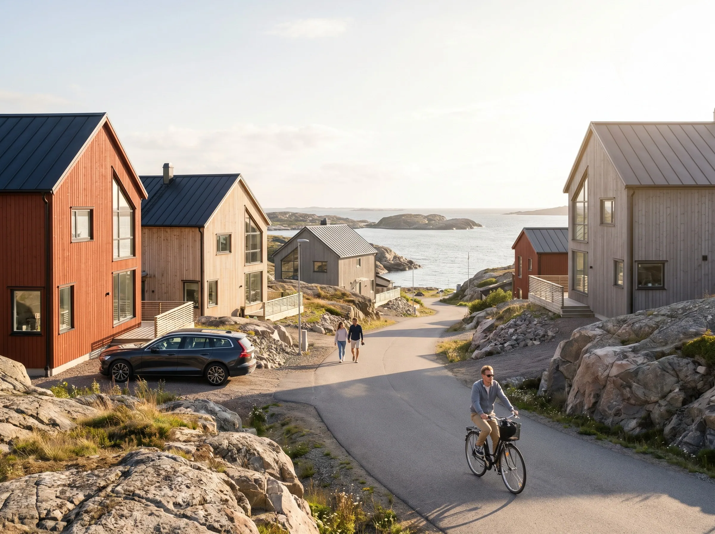 Visualisering av trähus på en klippig kustväg med hav i bakgrunden