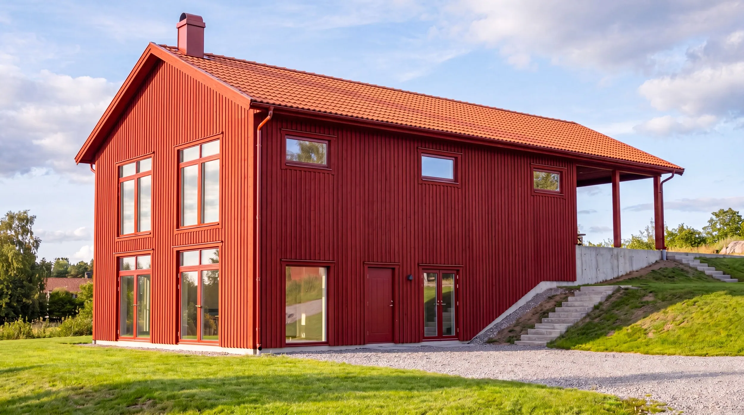 Rött trähus med sadeltak och inbyggd veranda, garage och ateljé på bottenplan